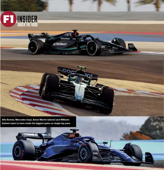  ?? ?? Alfa Romeo, Mercedes (top), Aston Martin (above) and Williams (below) seem to have made the biggest gains on single-lap pace