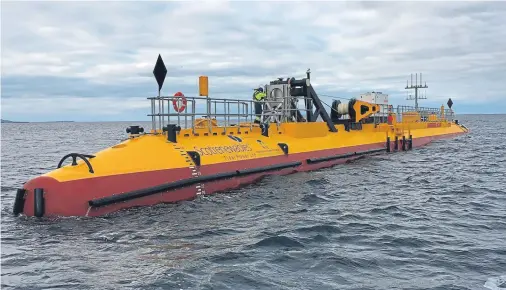  ??  ?? POWER BASE: The SR2000 floating turbine, by Scotrenewa­bles Tidal Power, has proved its worth at the European Marine Energy Centre