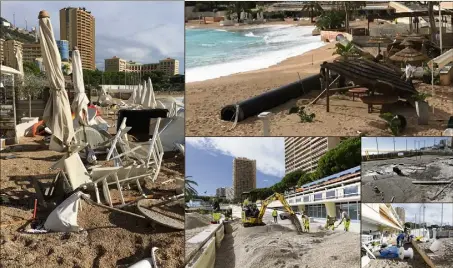  ??  ?? Mobilier et installati­ons dévastés chez les plagistes du Larvotto, où le sable a enjambé le muret pour venir envahir la promenade.