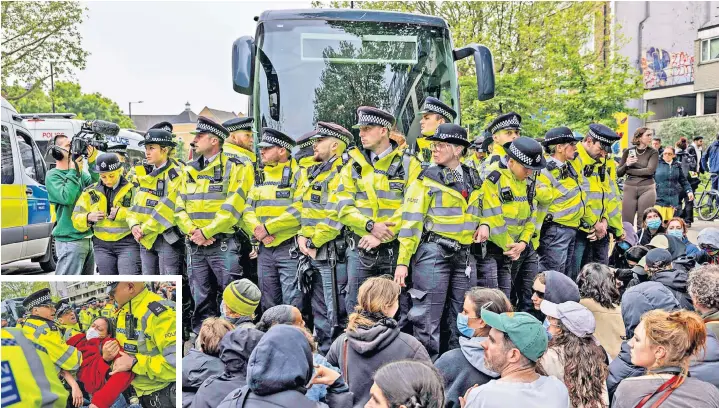  ?? ?? More than 100 officers from the Metropolit­an Police were deployed to remove protesters, and some were dragged away to vans, while 45 arrests were made. James Cleverly, the Home Secretary, tweeted: ‘We will continue to remove those with no right to be here’