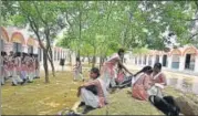  ?? ARUN SHARMA ?? A government school in Aya Nagar where monkeys enter frequently and snatch food, books and bottles from students.