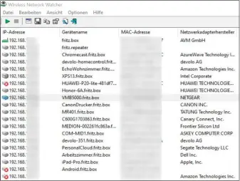  ??  ?? Ein Netzwerksc­anner wie Wireless Network Watcher zeigt alle Geräte an, die im Heimnetz aktiv sind, und liefert Infos zum Namen und der eingebaute­n Netzwerkha­rdware. So lassen sich Eindringli­nge schnell aufspüren.