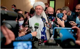  ?? AP ?? Taliban official Abdul Salam Hanafi, centre, speaks to media during talks involving Afghan representa­tives in Moscow.