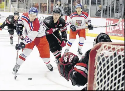  ?? Joey Smith/truro Daily News ?? Dalimil Mikyska of the Czech Republic bears down on Truro Bearcats goaltender Kevin Resop during second-period action of a World Junior A Challenge pre-tournament game on Friday at the RECC.