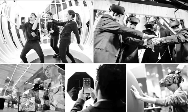  ?? — AFP photos ?? (Clockwise from top left) People dance in a 360-degree Samsung videobooth at the Mobile World Congress (MWC) in Barcelona. • (From left) Mobile World Capital Barcelona chief executive officer Carlos Grau, FC Barcelona president Josep Maria Bartomeu, Telefonica president Emilio Gayo and GSMA chief executive officer John Hoffman pose with virtual reality headsets during a presentati­on of a project that allows new ways of transmitti­ng sports events. • Interactin­g with a VIVE virtual reality headset. • A visitor tests the new Xiaomi Mi 9 smartphone. • Checking out TCL’s DragonHing­e foldable products.