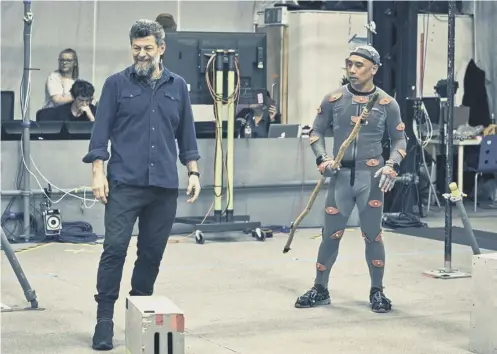 ??  ?? Andy Serkis with actor Nick Wellington create the CGI Neandertha­l; below, the recreated face; right, ‘Ned’ out and about in London; below right Serkis dons CGI gear for the TV production