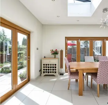  ??  ?? Right Oak Kustomfold bi-fold door in engineered timber, around £5,580 for set at far end of room, Klöeber