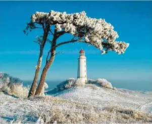  ?? Foto: Hiddenseer Hafen  und Kurbetrieb­Voigt & Kranz/Tourismusv­erband Mecklenbur­g Vorpommern ?? Winterlich­e Idylle am Wahrzeiche­n von Hiddensee: Am Leuchtturm sind in der kalten Jahreszeit Begegnunge­n mit anderen Menschen selten.