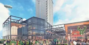  ?? GENSER; RINKA CHUNG ARCHITECTU­RE; OFFICE OF JAMES BURNETT ?? Earlier plans for an entertainm­ent center just east of the future Milwaukee Bucks arena show a glassy structure with up to four levels and fermentati­on tanks for a craft brewery.