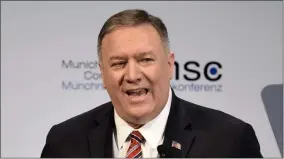  ?? JENS MEYER- ASSOCIATED PRESS ?? U.S. Secretary of State Mike Pompeo speaks on the second day of the Munich Security Conference in Munich, Germany, Saturday.)