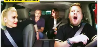  ??  ?? MADE IN USA Da sinistra, in senso orario, Gwen Stefani (47), George Clooney (55), Julia Roberts (49) e ilcondutto­re James Corden (38): negli Usa «Carpool karaoke» è uno sketch fisso del suo «Late late show».