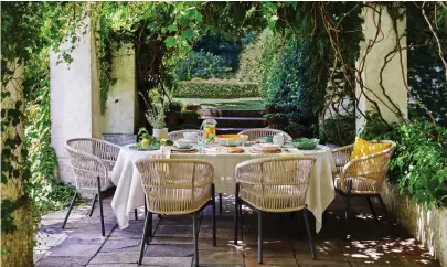  ??  ?? Alfresco: Basket range table, £329, chairs, £290 for two, and inset, basket, £3.50, all John Lewis