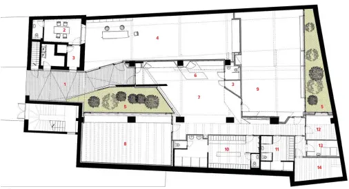  ??  ?? GROUND FLOOR PLAN 1. ENTRANCE SPACE 2. MEETING ROOM 3. KITCHEN 4. GALLERY 5. PATIO 6. RECEPTION DESK 7. FOYER 8. HOT YOGA ROOM 9. MAIN YOGA ROOM 10. LADIES CHANGING ROOM 11. MENS CHANGING ROOM 12. OFFICE 13. LAUNDRY 14. TECHNICAL SPACE