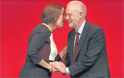  ??  ?? DIFFICULT TIMES: Scottish Labour leader Kezia Dugdale greets Jeremy Corbyn on stage at the party conference in Perth, just days after the historic loss of Copeland in West Cumbria.