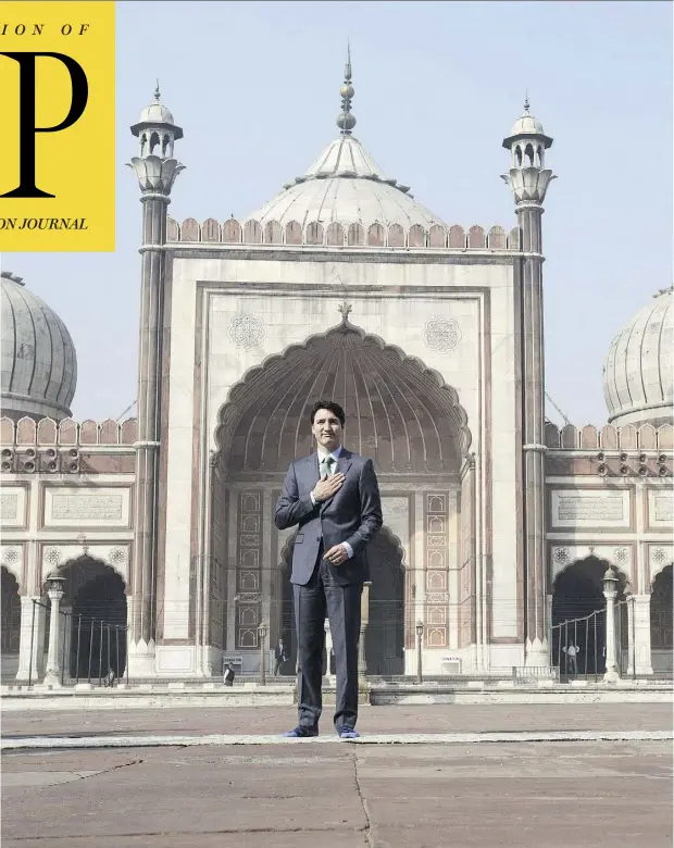  ?? SEAN KILPATRICK /THE CANADIAN PRESS ?? Prime Minister Justin Trudeau visits the Jama Masjid Mosque in New Delhi on Thursday, as his turbulent trip to India is drawing domestic criticism and raising eyebrows internatio­nally as the PMO deals with the fallout of its botched party invitation to...