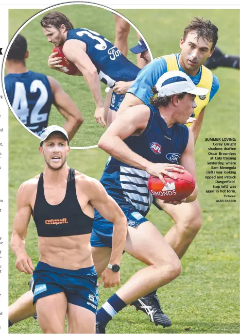  ?? Pictures: ALAN BARBER ?? SUMMER LOVING: Corey Enright shadows draftee Oscar Brownless at Cats training yesterday, where Sam Menegola (left) was looking ripped and Patrick Dangerfiel­d (top left) was again in hot form.
