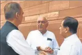  ?? HT PHOTO ?? A video grab of the Congress leaders discussing Haryana polls outside the Parliament House in Delhi.