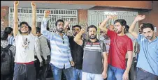  ?? HT FILE ?? Kashmiri students protest at the Barkatulla­h University in Bhopal after one of them was thrashed by two people last year.