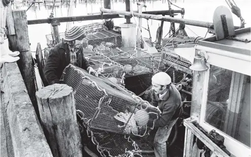  ?? PHOTO: OTAGO DAILY TIMES FILES ?? Port Chalmers fishermen, Bill Malcolm (left) and Ray Wards, load pots on board their boat, Diane, in June 1978 in preparatio­n for the start of the crayfishin­g season.