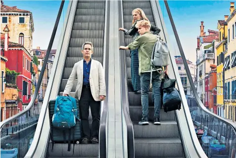  ??  ?? Different directions: Tom Hollander’s Douglas and Saskia Reeves’s Connie take a make-or-break holiday with their son Albie in Us. Right, the family in Paris