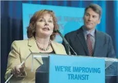  ?? JASON PAYNE ?? Surrey Mayor Linda Hepner, with Vancouver Mayor Gregor Robertson, speaks at a news conference announcing enhanced transit service and new projects that are part of the 10-year regional transit plan.