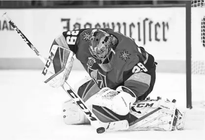  ?? STEPHEN R. SYLVANIE/USA TODAY SPORTS ?? Goaltender Marc-Andre Fleury, who helped lead the Penguins to three Stanley Cups, has the Golden Knights up 3-0 against the Kings.