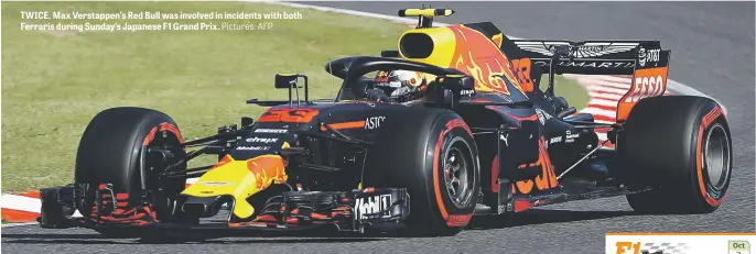  ?? Pictures: AFP ?? TWICE. Max Verstappen’s Red Bull was involved in incidents with both Ferraris during Sunday’s Japanese F1 Grand Prix.