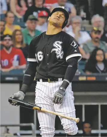  ?? NAM Y. HUH/ASSOCIATED PRESS ?? The White Sox’s Avisail Garcia reacts after striking out during Saturday’s game against the Royals in Chicago. This could be the first season in major league history to feature more strikeouts than hits, a slowdown that worries many league officials.