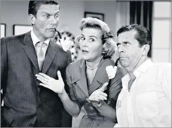  ?? CBS via Getty Images ?? PLAYING THE PART Rose Marie, center, with co-stars Dick Van Dyke, left, and Morey Amsterdam, on “The Dick Van Dyke Show” in 1961. “There’s only one person to play Sally Rogers, and that is Rose Marie,” a producer said.