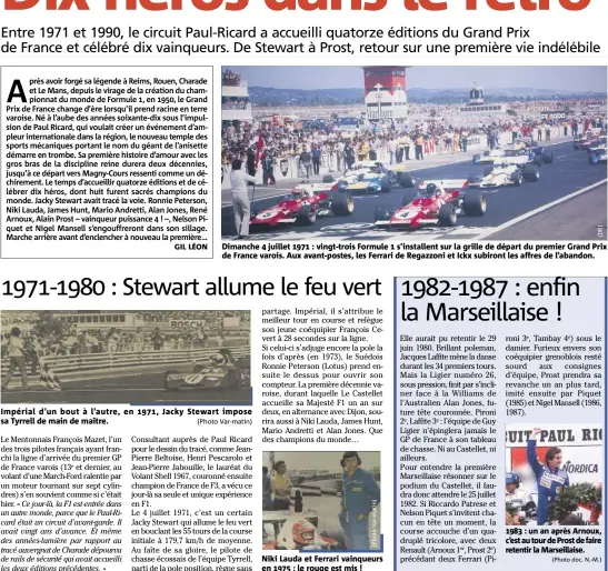  ?? (Photo Var-matin) ?? Dimanche  juillet  : vingt-trois Formule  s’installent sur la grille de départ du premier Grand Prix de France varois. Aux avant-postes, les Ferrari de Regazzoni et Ickx subiront les affres de l’abandon. Niki Lauda et Ferrari vainqueurs en  :...