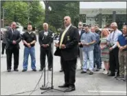  ?? NICHOLAS BUONANNO -- NBUONANNO@TROYRECORD.COM ?? Rensselaer County Sheriff Patrick Russo speaks about the importance of the community working together to help combat the opioid epidemic during a news conference at the North Greenbush Jiff-E-Mart on Wednesday.