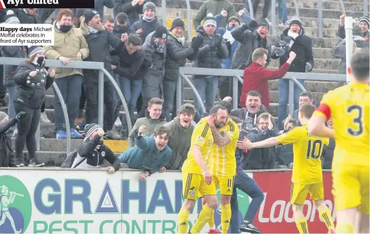  ??  ?? Happy days Michael Moffat celebrates in front of Ayr supporters