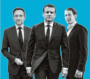 ?? Bildmontag­e: dpa (2), afp, cim ?? Personen als Polit Marken: Christian Lindner, Emmanuel Macron und Sebastian Kurz.