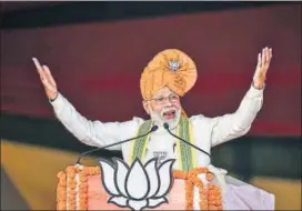  ??  ?? Prime Minister Narendra Modi addresses an election campaign rally for the upcoming Haryana Assembly polls at Ballabgarh in Faridabad on Monday.
PTI