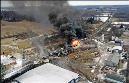  ?? GENE J. PUSKAR / ASSOCIATED PRESS ?? A plume of smoke rises from a Norfolk Southern train that derailed in East Palestine, Ohio.