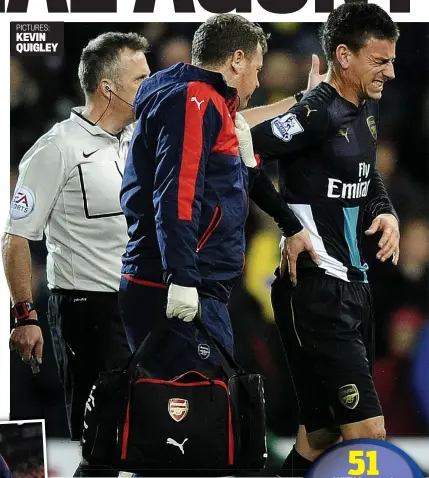  ?? PICTURES: KEVIN QUIGLEY ?? InjuryI woes: Laurent Koscielny lasted 12 minutes before a hip problem forced him off and Alexis Sanchez (inset) hadh to be replaced after straining his hamstring