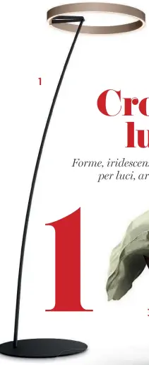  ??  ?? 1– Lampada da terra Mito Largo di Occhio, nella finitura Bronze, con stelo in carbonio, ad altezza regolabile, costa 6.000 ¤. • 2– Lampada a led Melt mini rame di Tom Dixon, da 530 € on line. 3– Cuscini in pelle e scocca in legno per lo swing bed a mezzaluna Volaris di Hommés Studio per Haute Couture Interiors (qui in un rendering), 2.990 €.