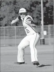  ??  ?? Derek Perona, a 2018 graduate of Farmington High School, delivers a pitch for the NWA All-Stars during the 2018 Babe Ruth Southwest Regional baseball tournament for boys 16-18 in July. The tournament was played at Fayettevil­le July 13-16.