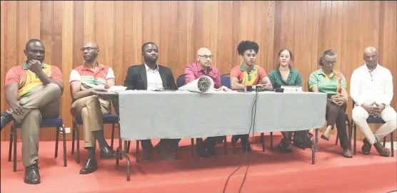  ?? ?? Local boxing standout Keevin Allicock (4th from right) makes a point to the media gathering at the GOA press conference staged to address the recently concluded South American Games.