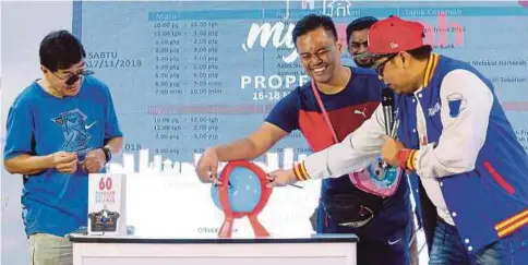  ??  ?? PENGUNJUNG tidak melepaskan peluang mencuba permainan pecah belon pada Pameran Hartanah MyRumah 2018 di AEON Mall Klebang, semalam.