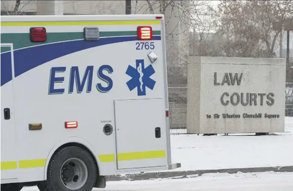  ?? IAN KUCERAK ?? An ambulance was dispatched to the Edmonton Law Courts building on Friday morning after a sheriff was accidental­ly shot. “EMS treated and transporte­d a male to hospital with serious injuries,” said Edmonton police spokeswoma­n Noreen Remtulla.