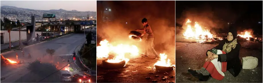 ??  ?? افتراش للطرقات وإغلاق أخرى وحرق دواليب من قبل متظاهرين عشية هبوط قيمة الليرة اللبنانية