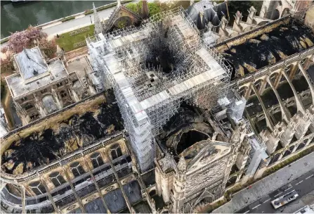  ?? AP African News Agency (ANA) ?? AN IMAGE made available by Gigarama.ru on Wednesday shows an aerial shot of the fire damage to Notre Dame cathedral in Paris. Nearly $1 billion (R 14bn) has already poured in from worshipper­s and high-powered magnates around the world to restore the cathedral damaged in a massive blaze on Monday.