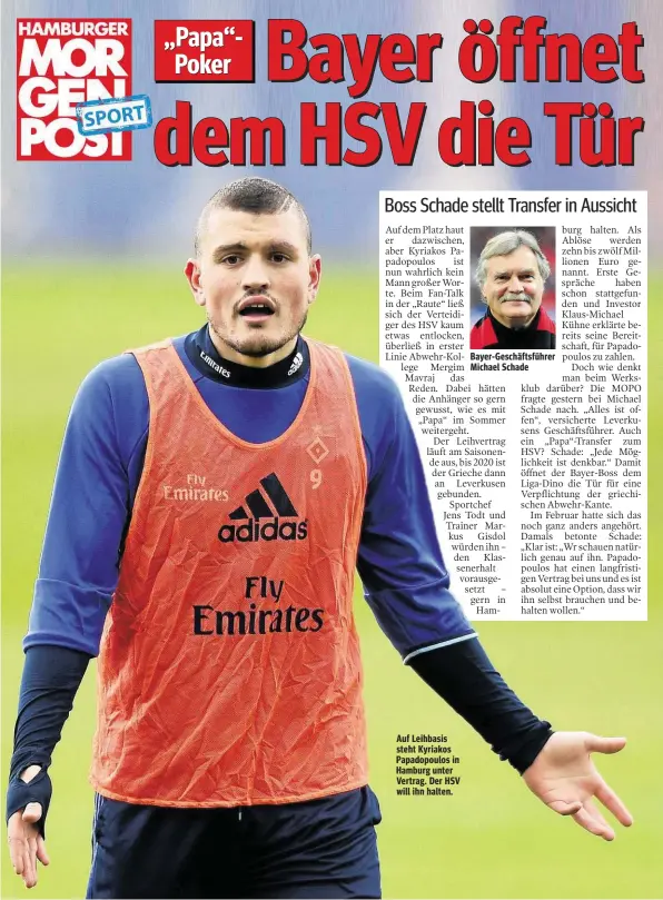  ??  ?? Auf Leihbasis steht Kyriakos Papadopoul­os in Hamburg unter Vertrag. Der HSV will ihn halten. Bayer-Geschäftsf­ührer Michael Schade