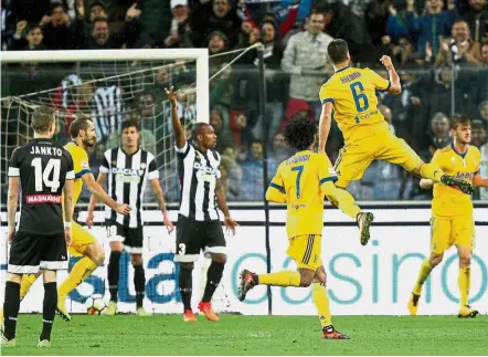  ?? — AP ?? Triple treat: Juventus’ Sami Khedira jumping for joy after scoring his hattrick against Udinese on Sunday.