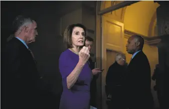  ?? Erin Schaff / New York Times ?? House Speaker Nancy Pelosi, D-San Francisco, leaves a closed-door morning meeting with House Democrats to mollify those pressing for an impeachmen­t inquiry of President Trump.