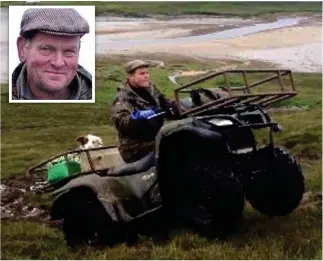  ??  ?? Careful driver: Sandy Robbins, inset, on a quad bike with one of his dogs