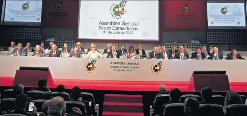  ??  ?? SESIÓN EXTRAORDIN­ARIA. Juan Luis Larrea presidió la Asamblea General acompañado de la junta directiva de la FEF.
