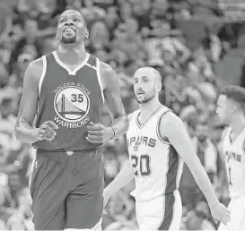  ?? Scott Strazzante / San Francisco Chronicle ?? Kevin Durant, who scored a game-high 33 points for the Warriors, enjoys the Game 3 play, while the Spurs’ Manu Ginobili, right, is left with a helpless feeling.