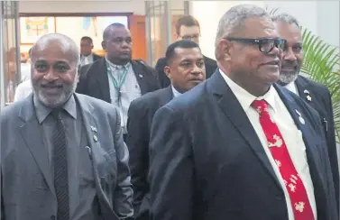  ?? Picture: ELIKI NUKUTABU ?? Agricultur­e Minister Vatimi Rayalu (left) leads out fellow parliament­arians and ministers on Wednesday.